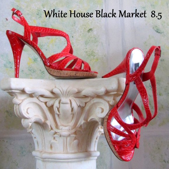 RED SHOES - 8.5, 8 1/2 WHBM STRAPPY 5" HEELS, WHITE HOUSE BLACK MARKET w BOX - Picture 6 of 12